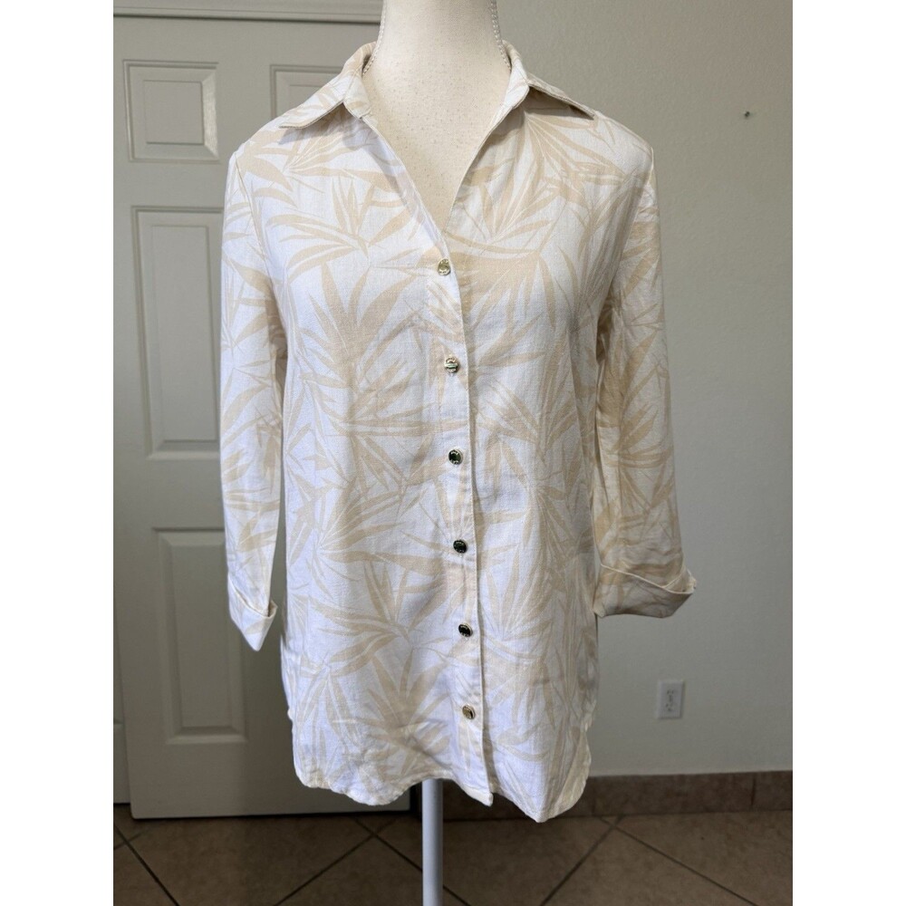 Anne Klein Women's Linen Blend Tropical Button Shirt XS Beige Resort Top Coastal - Picture 2 of 15